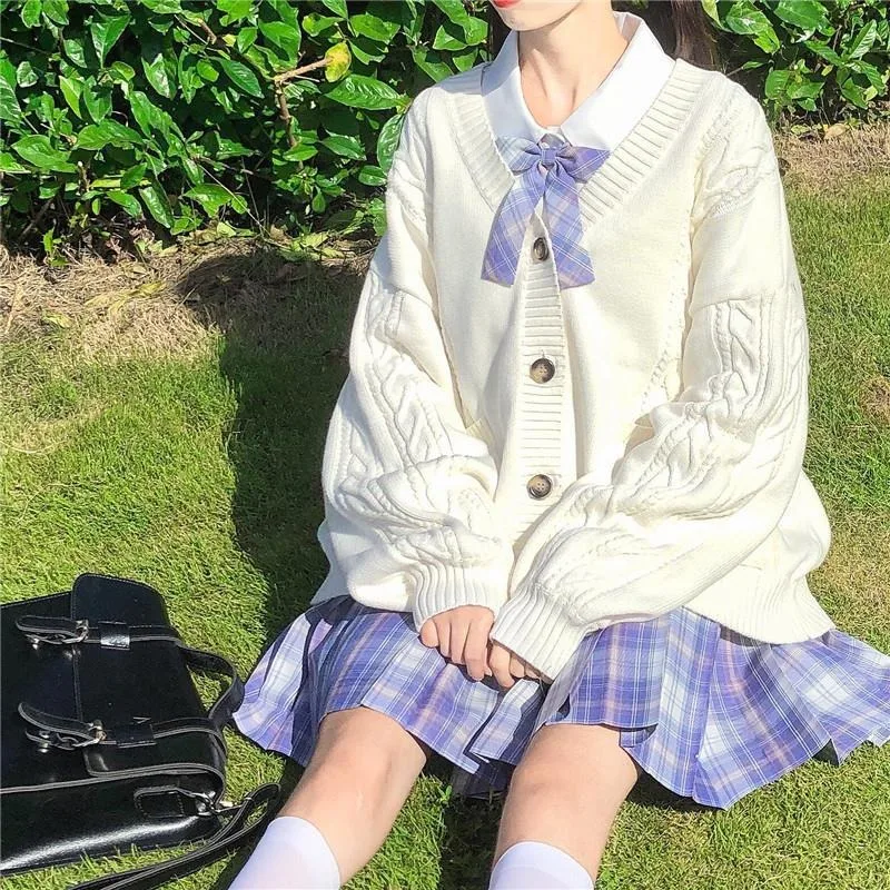 

Japanese Style Sweet Knitted Cardigans 2024 New Autumn Winter Puff Sleeves Sweater Women Loose White Female Cardigans Cute