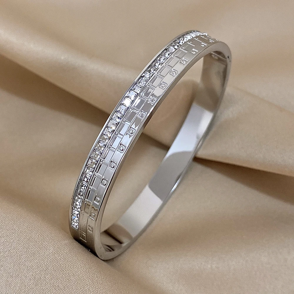 Freetry Trendy Stainless Steel Square Cubic Zirconia Bangles Luxury Geometric Bracelets for Women Charm Waterproof Jewelry