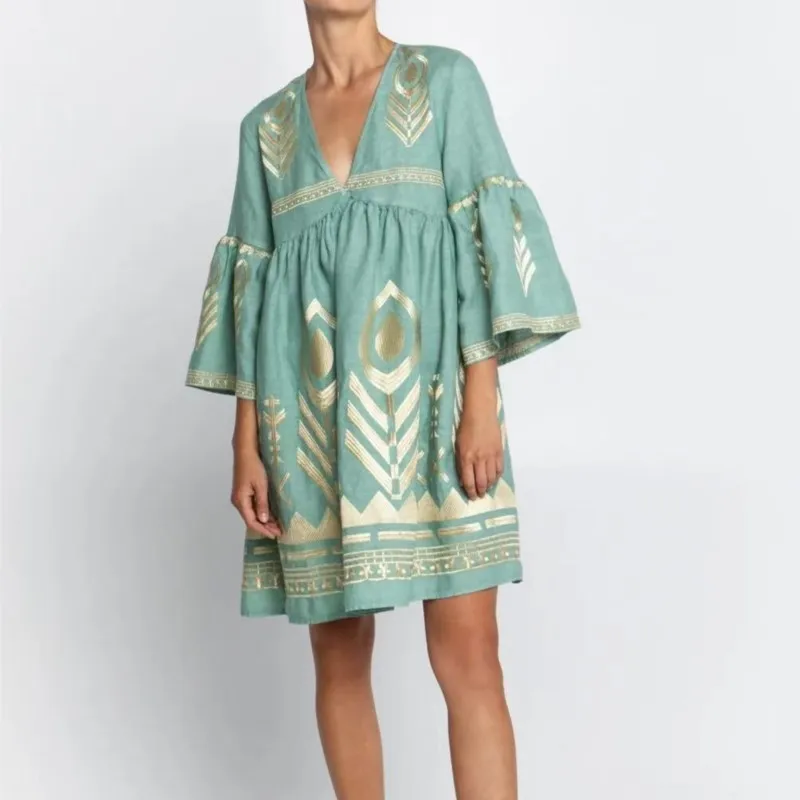 Abito stampato stile Boho alla moda Abito casual con scollo a V Manica a foglia di loto Abito ampio Primavera e autunno Nuovi abiti da donna per le vacanze