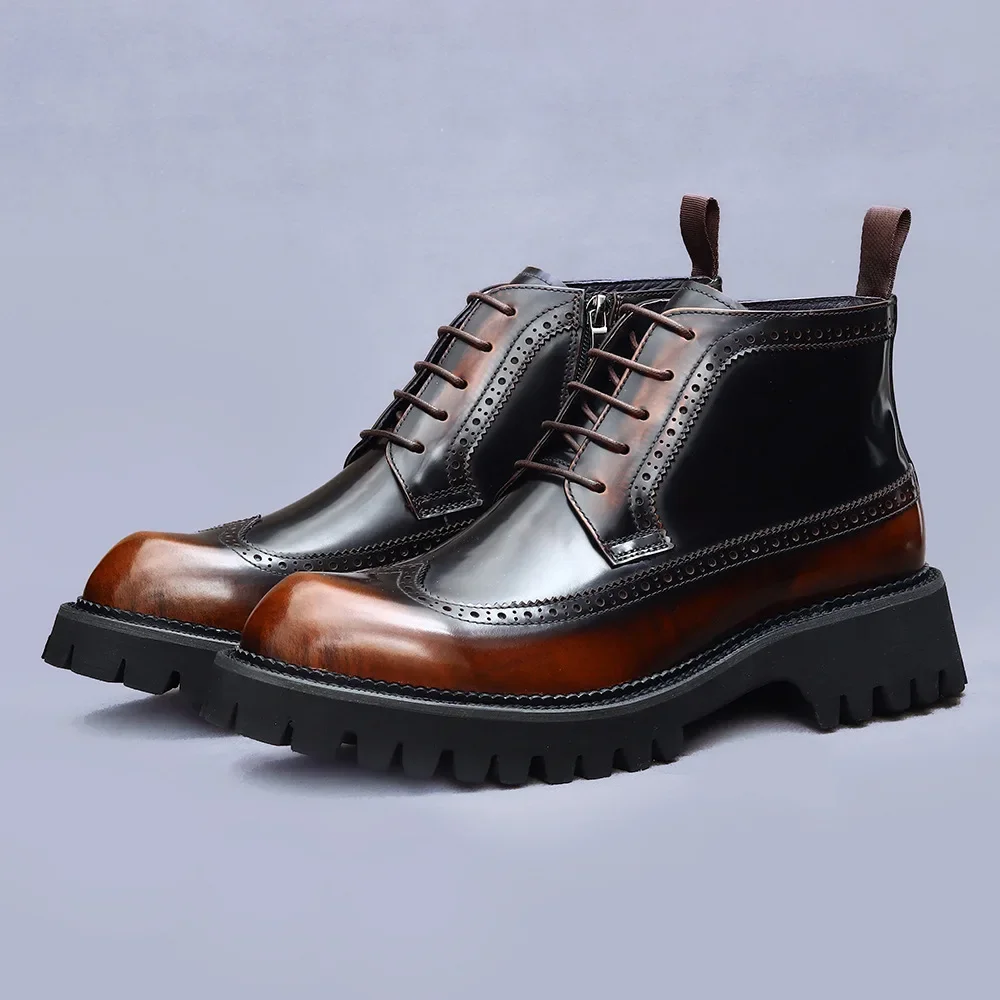 Thick Soled, Mid Top Workwear, Men's Shoes, Casual Paint, British Style, Trendy Blok Leather Boots, Men's Leather Boots