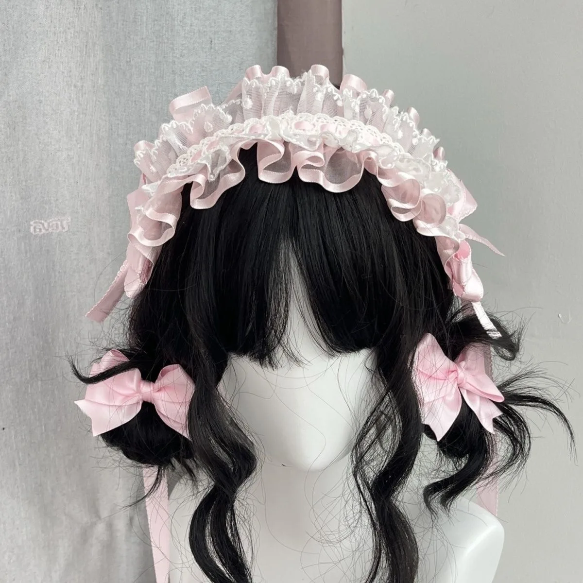 Zoete roze witte kant strik hoofddeksels Anime meid Cosplay Kawaii hoofdband Lolita handgemaakte haarclip voor meisjes haaraccessoire