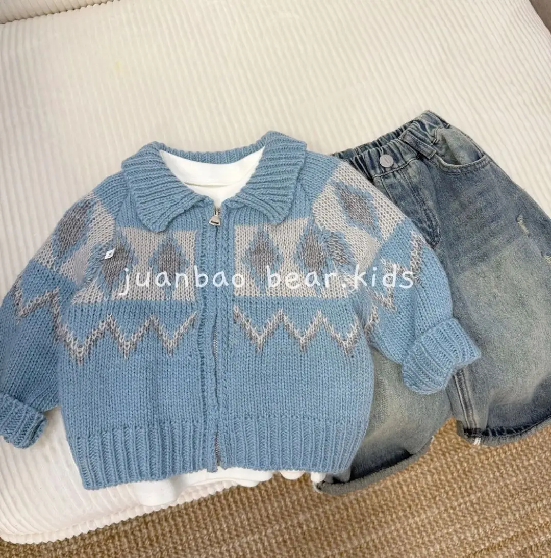 Boys Girls Vintage Argyle Sweater Cardigan Spring Autumn New Kids Lapel Zipper Knitted Jacket Children Clothing view 3