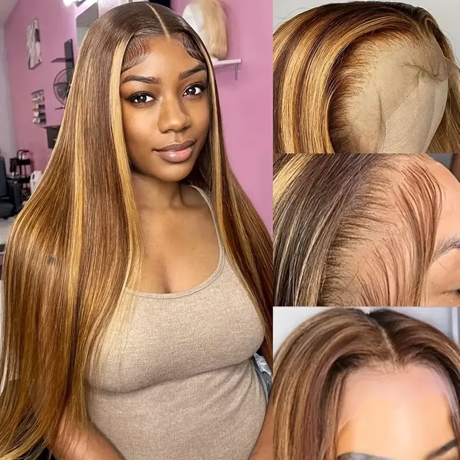 34インチ ストレート人毛ウィッグ ハイライトウィッグ 人毛13x4 HDレースフロントウィッグ ストレートウィッグ 13x4 4/27 ハニーブロンド オンブレウィッグ