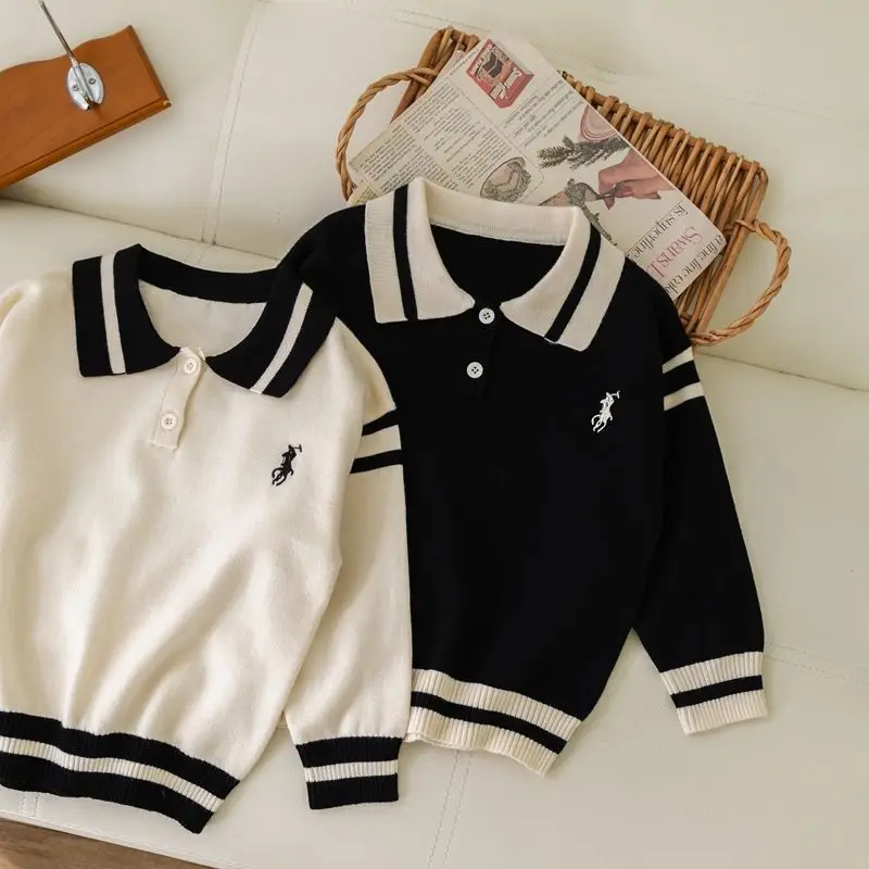 الأطفال التلبيب الفتيان قميص بولو الطفل المتوسطة وكبار السن محبوك سترة أواخر الخريف الشتاء سترة مطرزة بأكمام طويلة