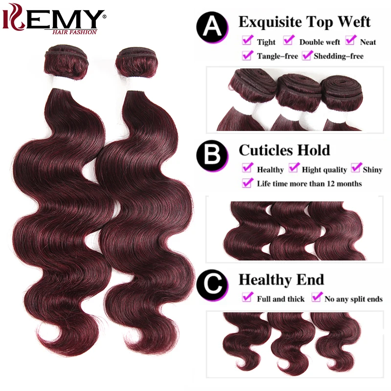 Tissage en Lot Brésilien Remy Naturel Body Wave Rouge Bordeaux 99J, avec Lace Closure, 3 Pièces