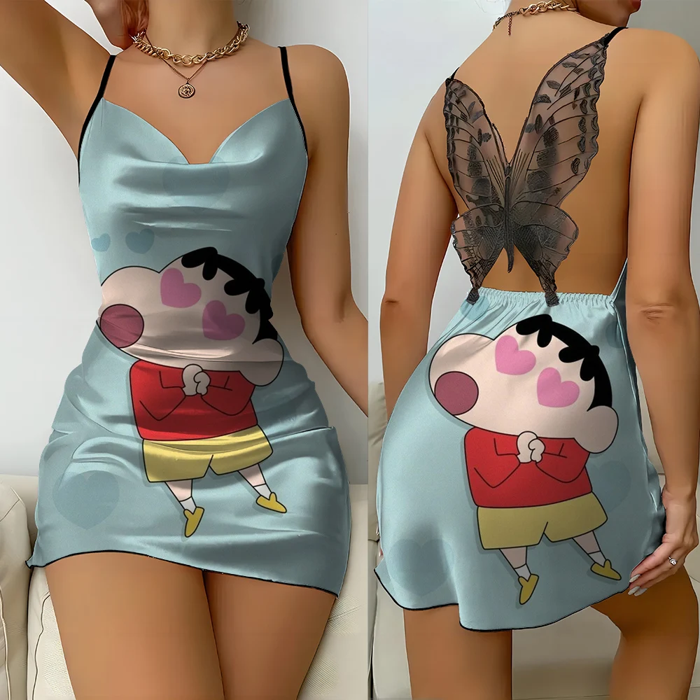 Krayon motif kartun Anime Crayon shin-chan rok suspender punggung terbuka renda kupu-kupu seksi santai dan nyaman