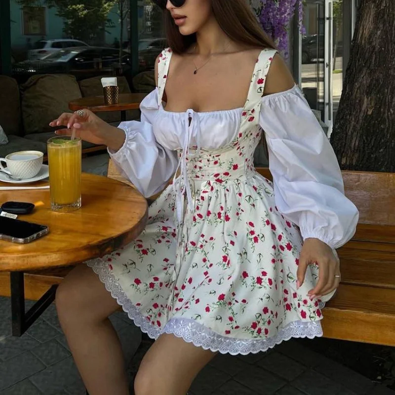 

Women's Spring Summer Puff Sleeve Strapless Fake Two-Piece French Dress Floral Strap Dress