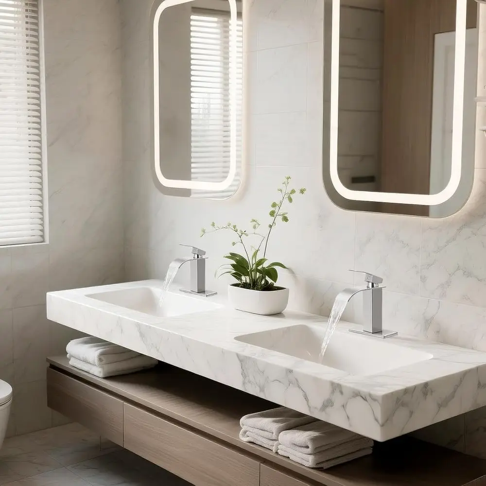 صنابير نيكل مصقولة مزدوجة، خلاط حوض شلال حديث بمقبض واحد، صنبور فانيتي RV مع استنزاف منبثق #6