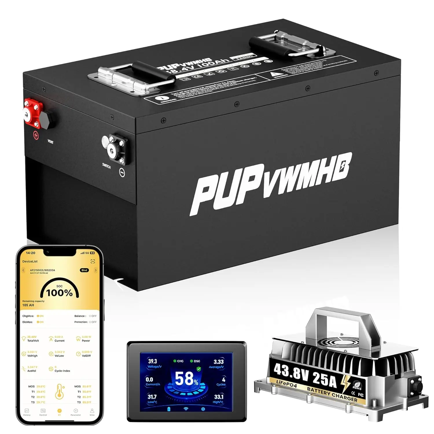 

36V Lithium Golf Cart Battery, 36 Volt 100Ah LiFePO4 Battery Built-in 200A BMS, Max Peak Current 1000A, Max 7.68kW, Custom
