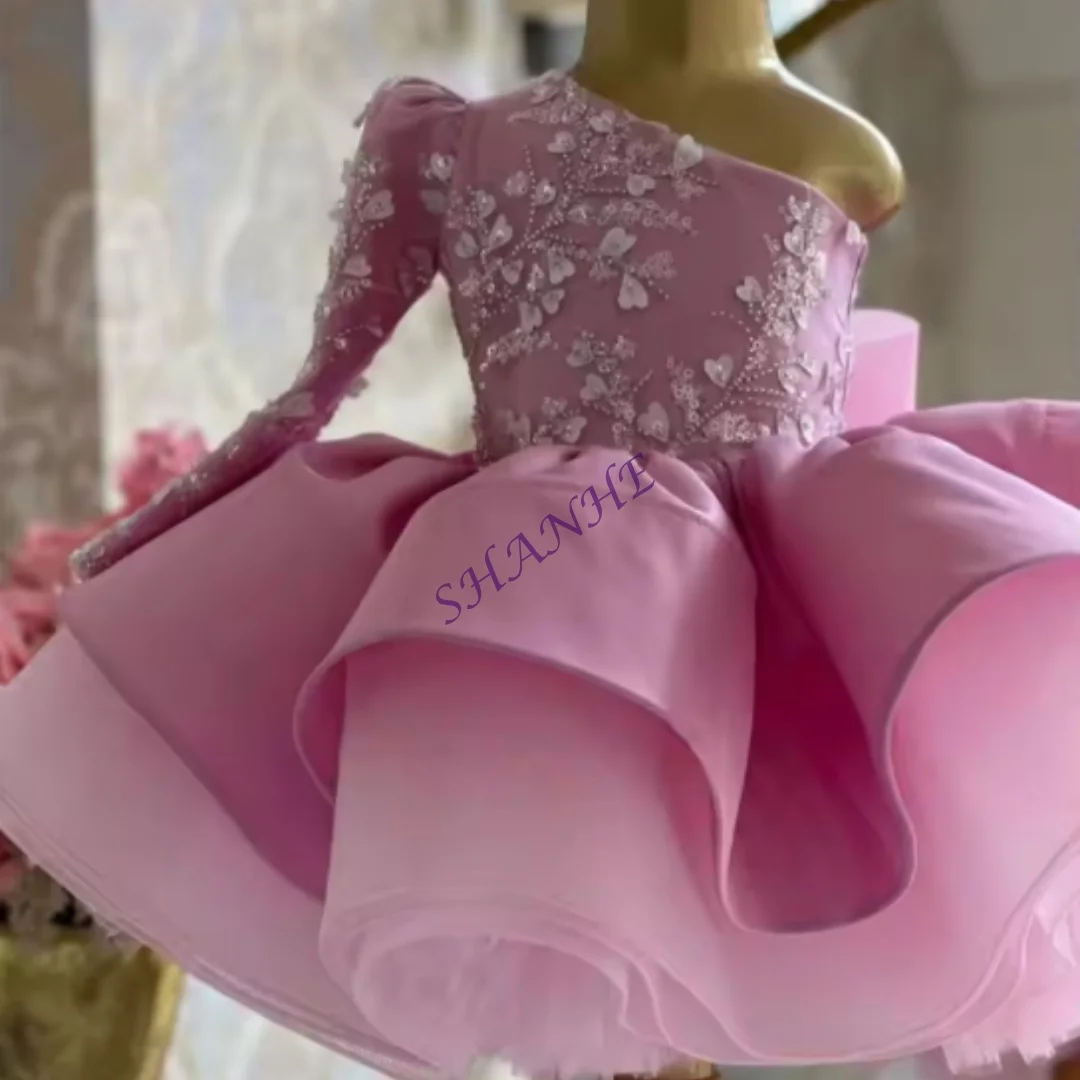 الوردي زهرة فتاة فساتين مخصصة كتف واحد مطرز الاطفال الأميرة عيد ميلاد حزب أثواب القمامة الفتاة فستان المسابقة