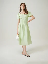 FSLE French Style Romantic Bow Ladies Long White Dress 2024 Summer New Square Collar Versatile Casual Commuter Dress 24FS12392