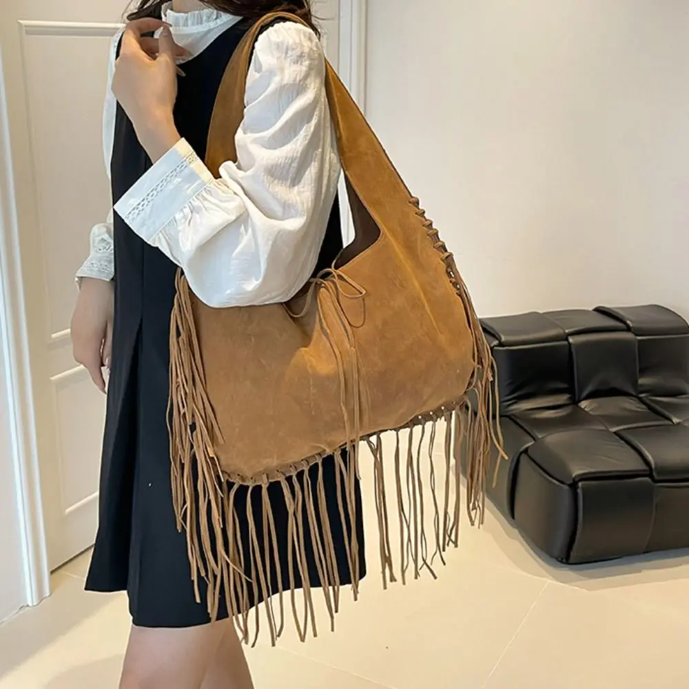 

Casual Korean Style Tassel Shoulder Bag Solid Color PU Leather Suede Handbag Tote Bag Bohemian Style Underarm Packs Outdoor