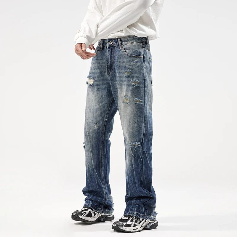 2026 New Retro Ripped Lightning Pattern Men's Jeans Trendy High Street Style Denim Pants Slightly Flared Trousers