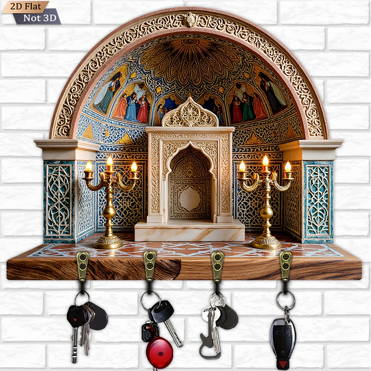 2D Flat, 1pc, Vintage Carved Key Hook Wooden Multifunctional Home Key Rack, with Four Metal Hooks, Wall Decoration, Porch