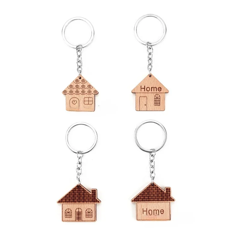 DIY Wooden House Keychain Pendant Beech Wood Creative Handcraft Custom Keyring Bag Car Key Chains Gift