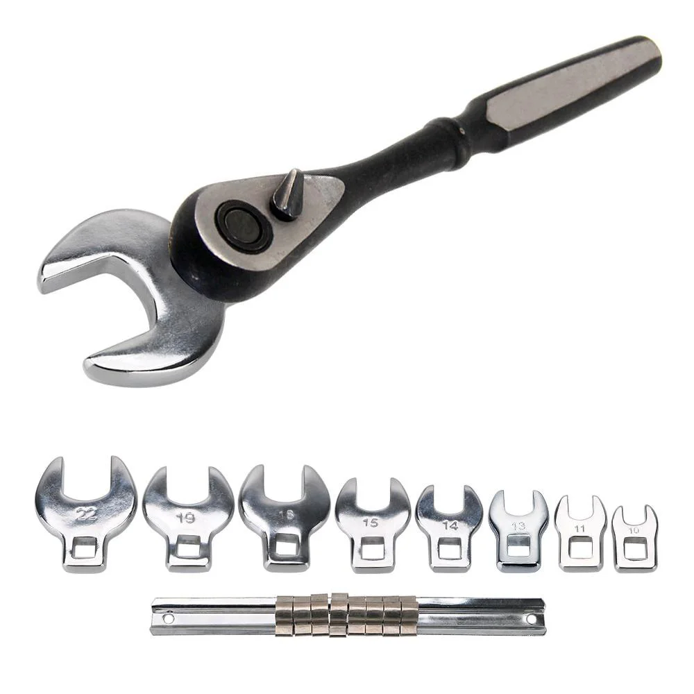 O40 3/8 Inch Interchangeable Head Spanner Ratchet Wrench Drive Crowfoot Wrench Set Metric Chrome Plated Hand Tools