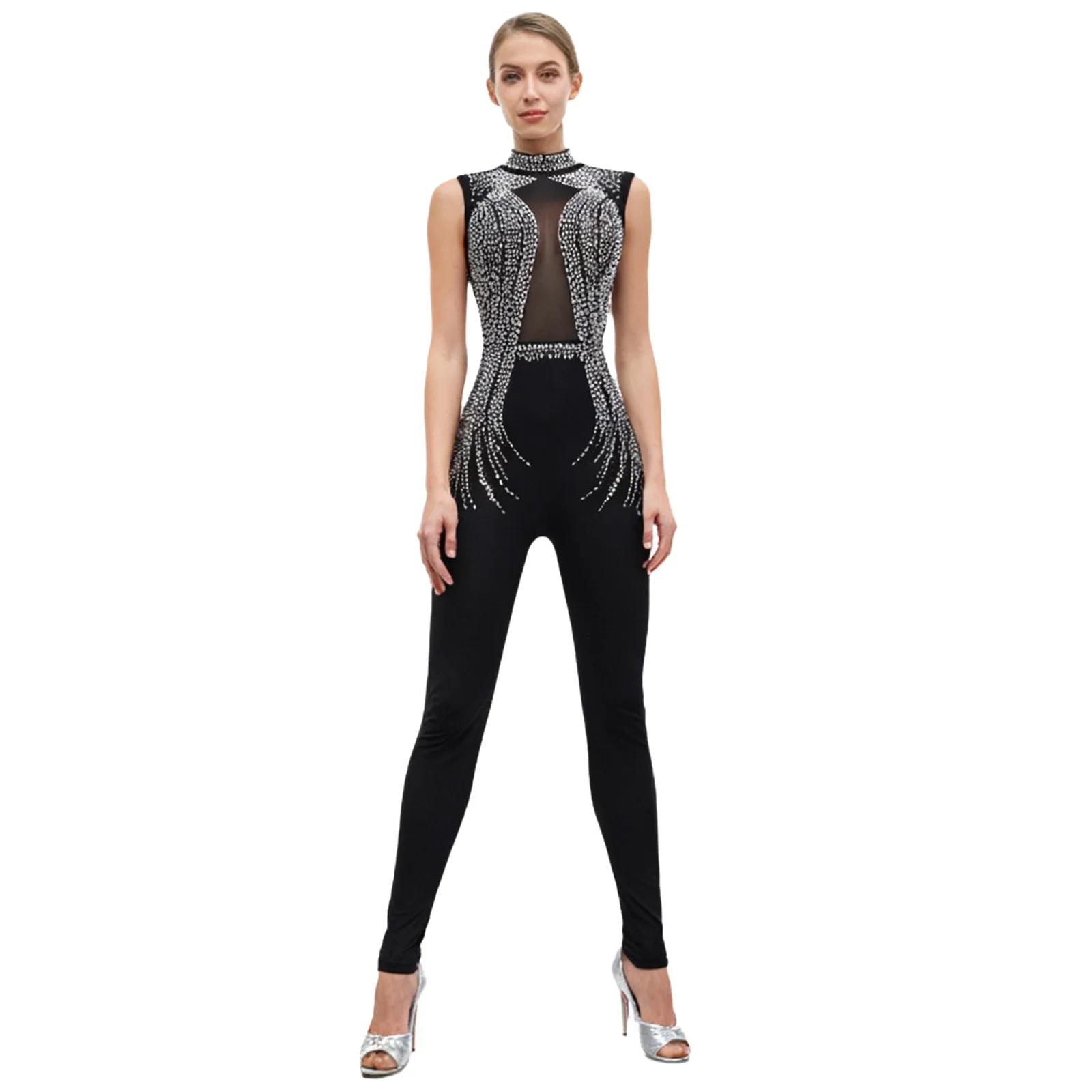 

Women Shiny Rhinestones Acrobatics Gymnastics Dance Performance Jumpsuit Sheer Mesh Slim Bodysuit for Raves Club Fancy Party