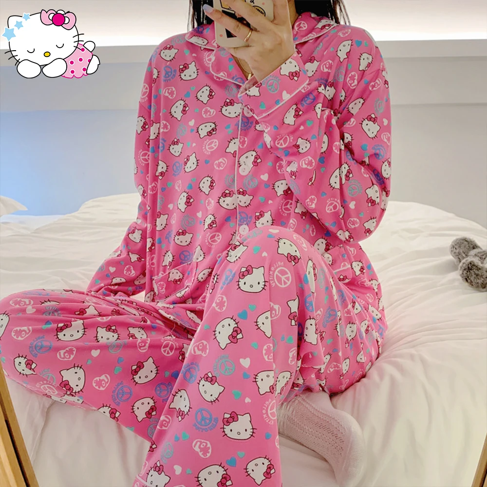 Cartoon Hello Kitty Pajamas Suit for Women Sanrioed Anime Kawaii Spring Long Sleeve Trousers Short Sleeve Shorts Homewearsweet