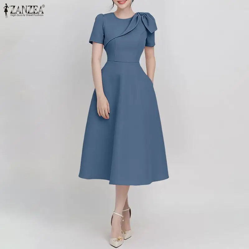 ZANZEA Damen-Partykleider mit eleganter Passform und Schleifendetail, O-Ausschnitt, kurze Ärmel, für Hochzeitsgäste, A-Linie, Midikleid, Damenkleidung