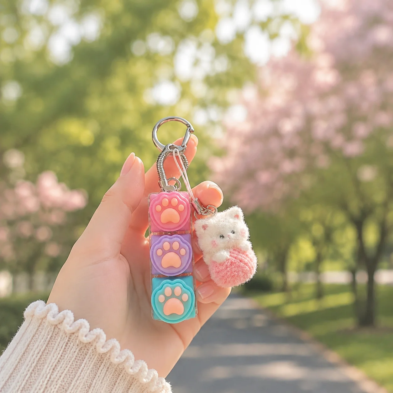 Fidget Keyboard Keychain, 3‑Key Stress Relief Toy with Gradient Keycaps, Cute Cat Plush Pom‑pom Charm, Transparent Acrylic Base,