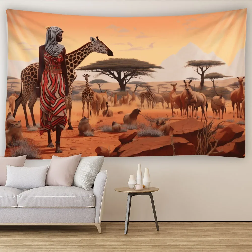 Retro Wildlife Tapestry Tropical Rainforest Giraffe Flamingo Leopard Background Poster for Living Room Dormitory Decor