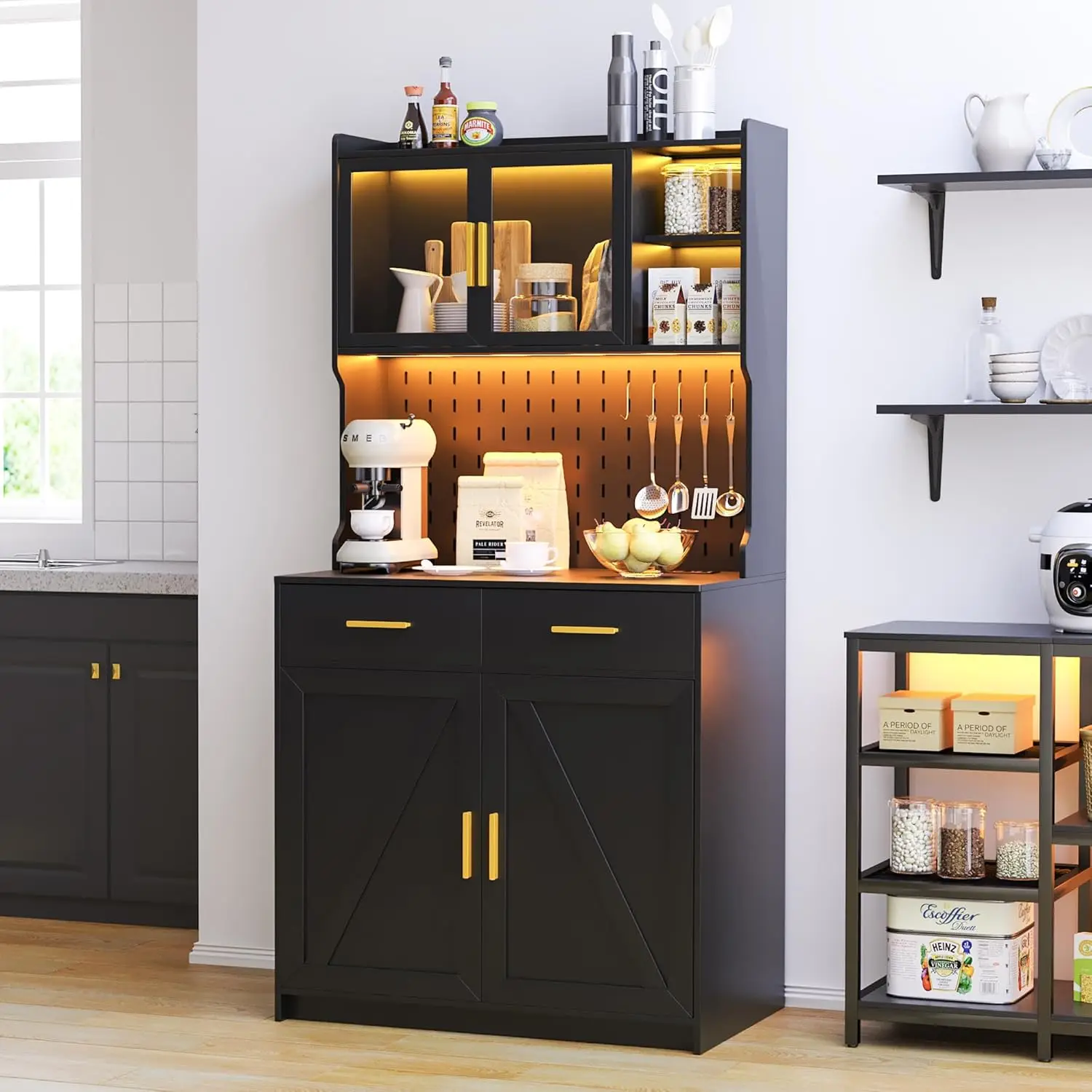

LED Kitchen Pantry Cabinet with Outlets, Farmhouse Storage Cabinet with Drawers & Adjustable Shelves, 64" Tall, Customized