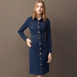 S-3XL Women Mid-length Denim Dresses Spring Autumn Fashion Long-sleeve Adjustable Waist Stretch fabric Slim Cotton Dress Female