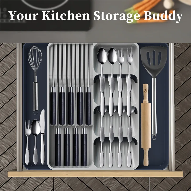 Heat Resistant Kitchen Drawer Organizer Expandable Cutlery Holder with Compartments Utensil Storage Tray