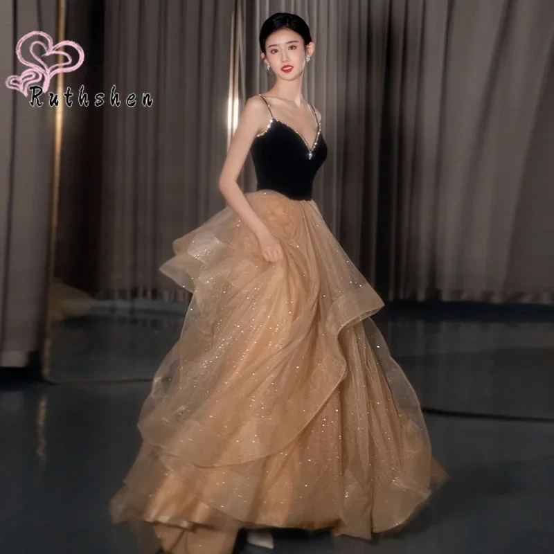 Customized Spaghetti Prom Dresses 2025 Black Vestidos De Gala Long Party Evening Gowns Layers Host Gold Dress for Birthday Party