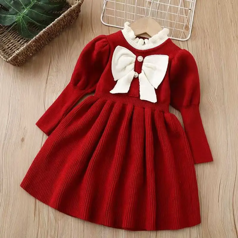 Girls Fashion Princess Dress Autumn Winter New Girls Sweater Dress Solid Color Bow Long Sleeve Knit Dress For 2-6 Years
