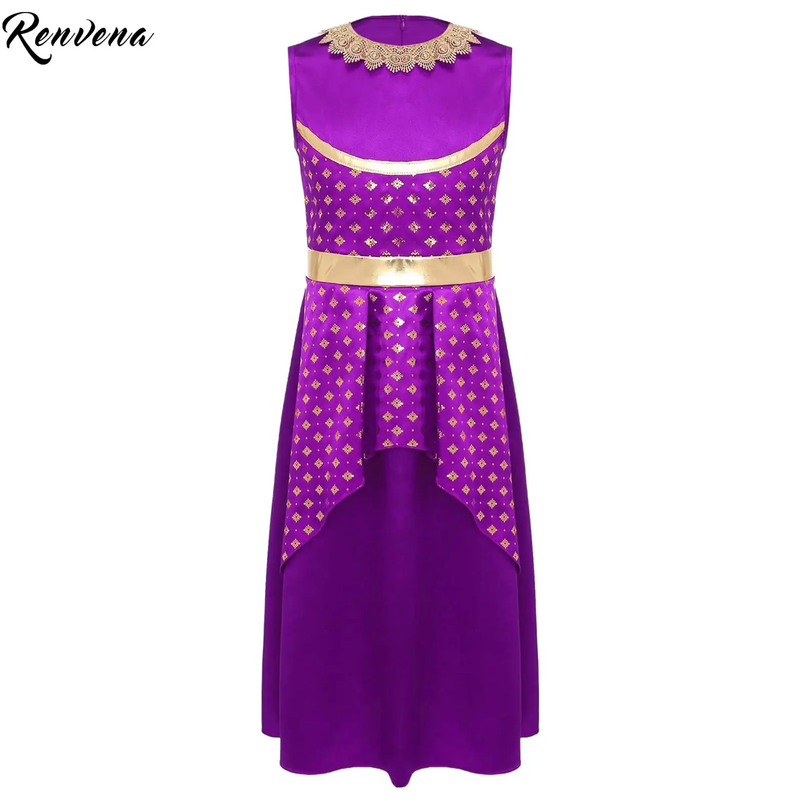 

Детский костюм арабской принцессы для девочек, платье для косплея на Хэллоуин с высокой талией, атласное платье с графическим принтом, праздничное тематическое праздничное платье