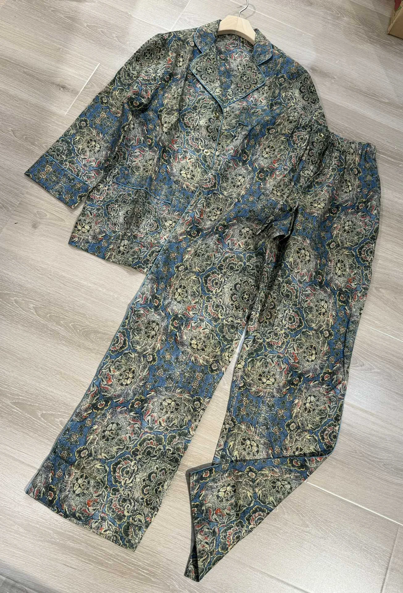 Traje de pantalones de lino para mujer, camisa con estampado, solapa, blusa, Top + cordón, cintura alta, pierna recta, pantalones de pierna ancha, conjunto de 2 piezas