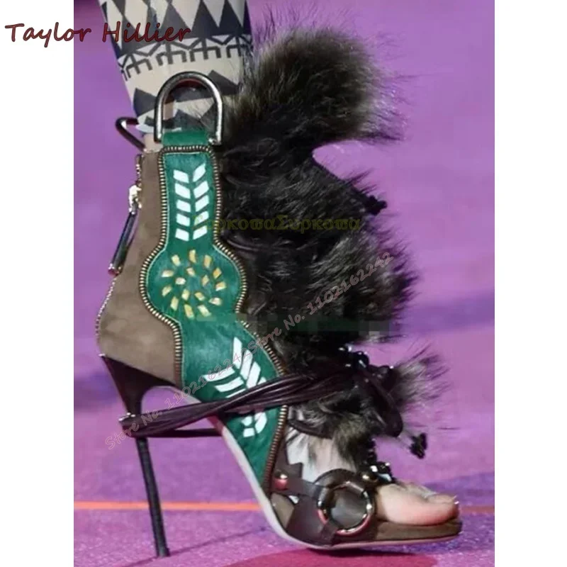 Summer Plush Open Toe Sandals Designer Embroidery Lace-Up High Heel Sandals Fashion Sexy Cowhide Rear Zipper Women\'S Runway Boot