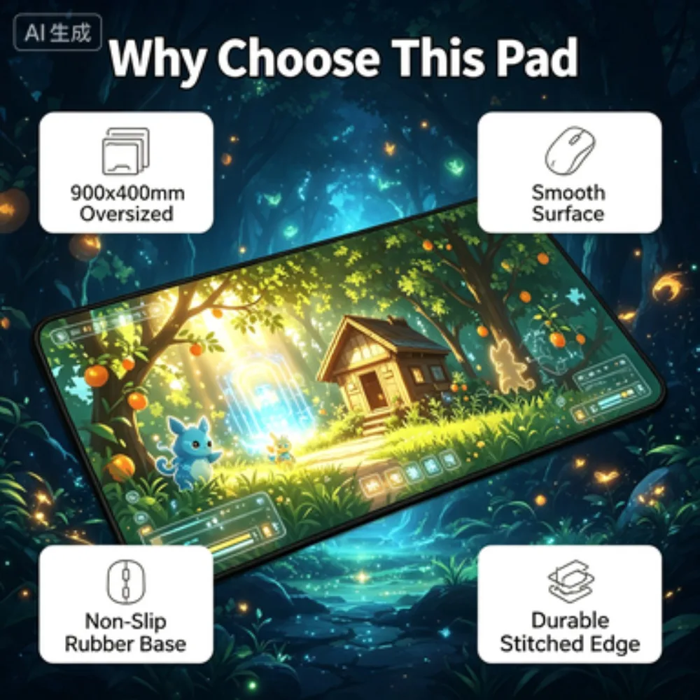 Anime Forest House Cute Yellow Creature Large Gaming Mouse Pad Stitched Edge Non-Slip Rubber Desk Mat For PC Laptop Gamer Table