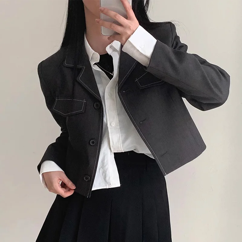 

Retro Chic Autumn New Design Sense Suit Collar Jaet Color Blo ort Sve Long irt Women's Universal Commute Sle