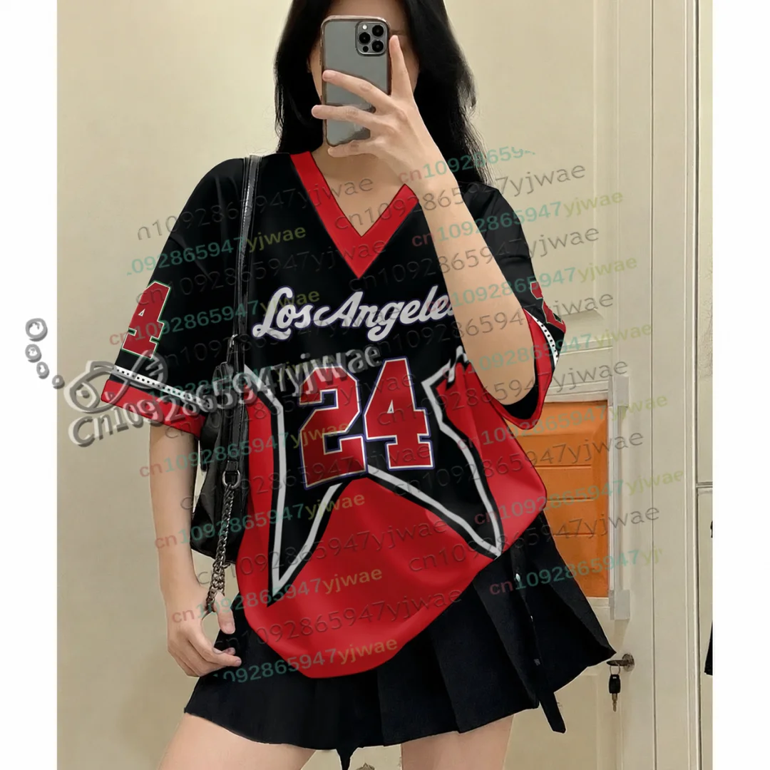 Color Blocking Los Angeles No.24 V-Neck Short Sleeve T-Shirt Summer Graphic Tee Baseball Jersey Plus Size Women Men's Clothing