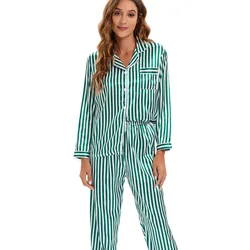 Women's Pajamas Set 2 Piece Green Striped Pyjama Faux Silk Satin Sleepwear Spring Summer Long Sleeve Pijama Mujer Pjs Homewear