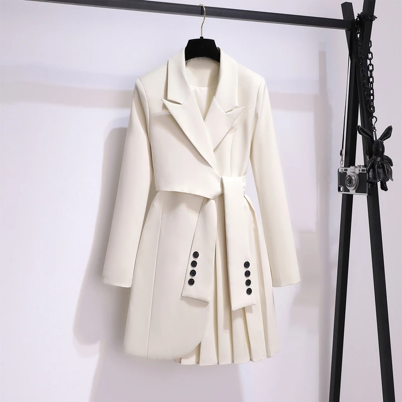 Blazer plissado longo para mulheres, blazer elegante, manga comprida entalhada, faixas de túnica, blazers finos monocromáticos, moda feminina solta, novo, primavera e outono