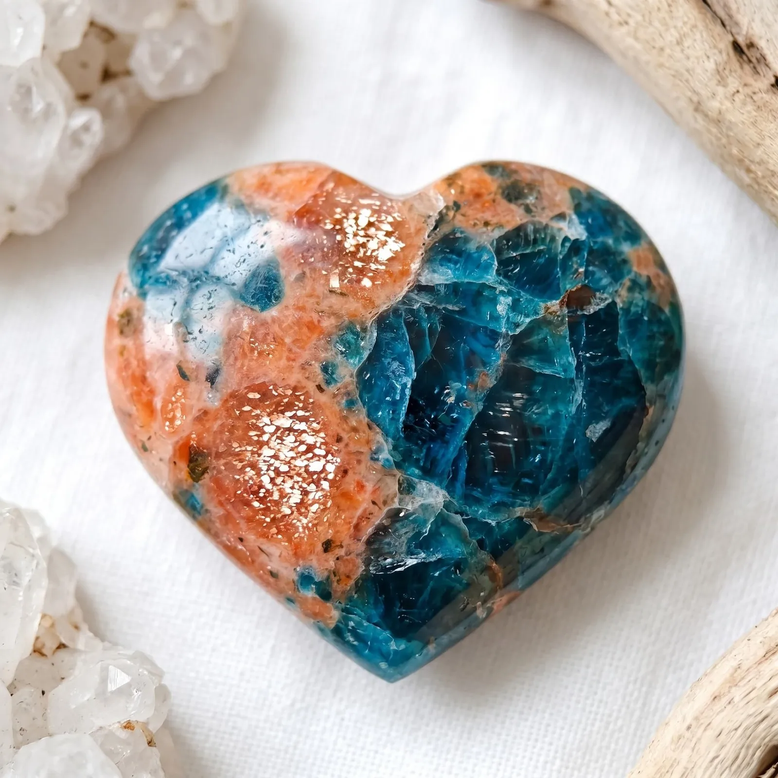 Natural Blue Apatite With Sunstone Crystal Heart, Healing Crystal Stone, Home Decor, Crystal Gift, Suit for Collection, DIY