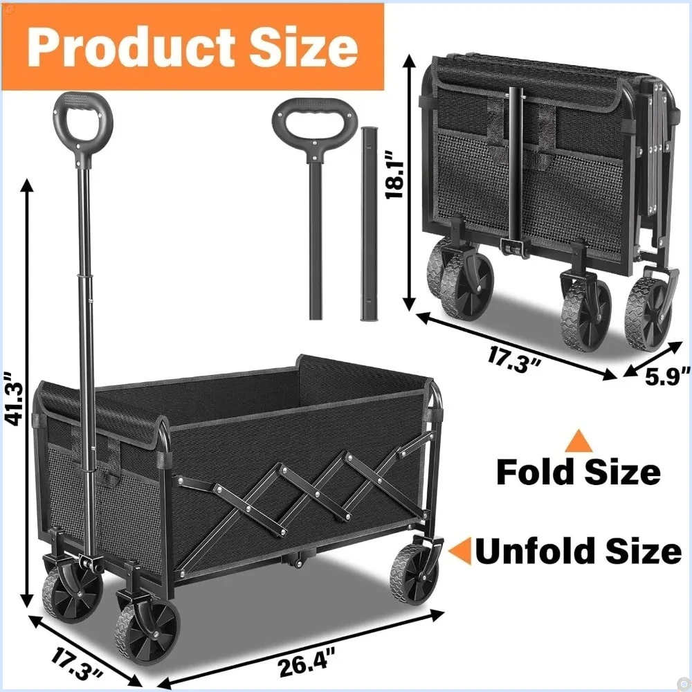 Klappbarer Trolley, faltbarer Trolley mit Rollen – Strandwagen, geeignet für Strandsport, Camping, Einkaufen, schwarz.
