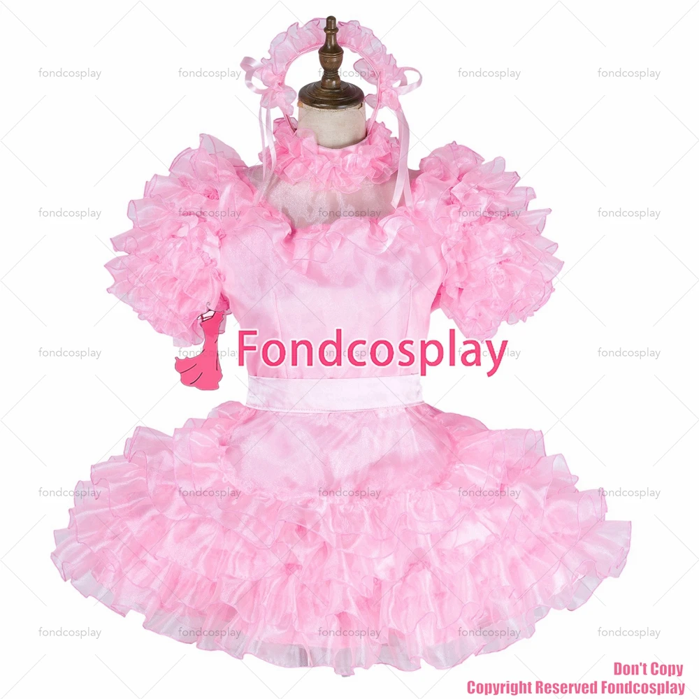 fondcosplay adult sexy cross dressing sissy maid short lockable baby pink satin Organza dress Uniform apron CD/TV[G1993]