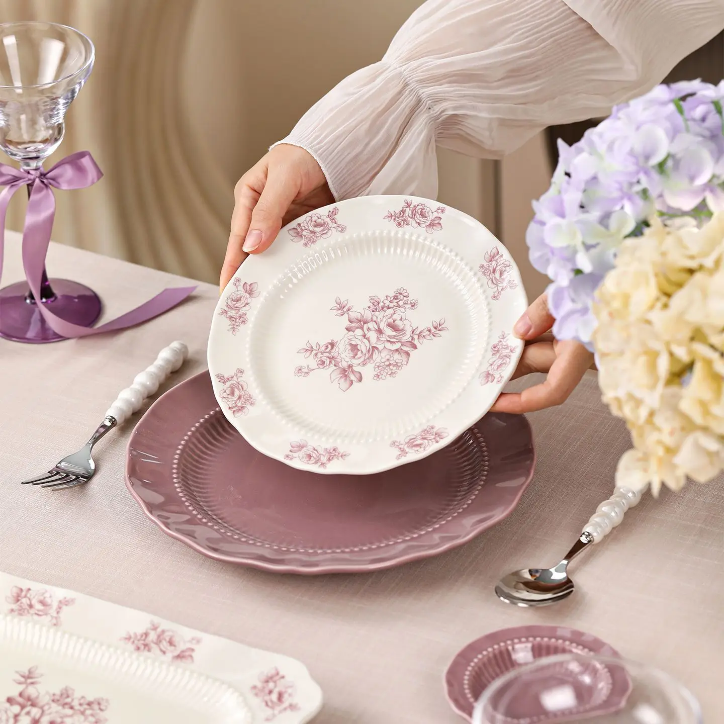 HYS high value purple dishes set ceramic dishes tableware high sense niche household bowl soup bowl underglaze color plate