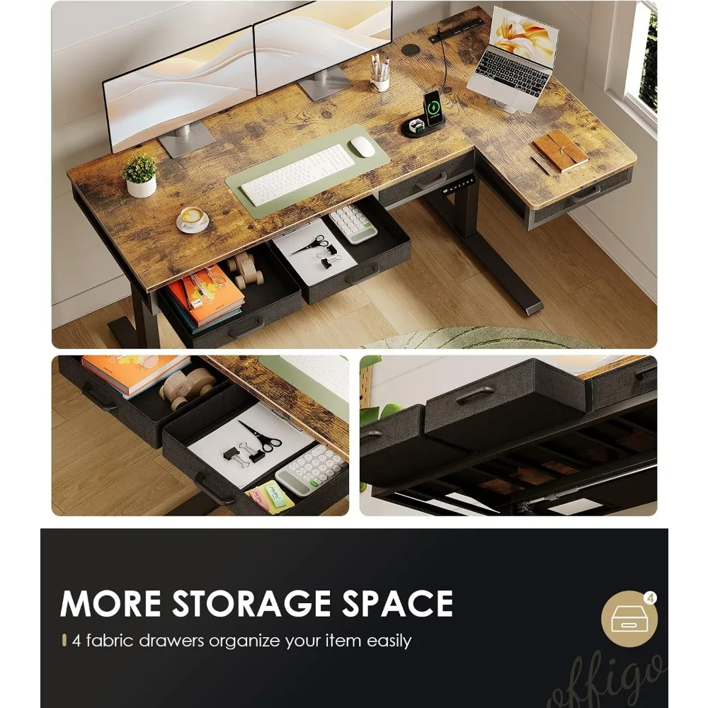 63 Inch L Shaped Electric Standing Desk with Drawers, Height Adjustable Large Desk with Power Outlets