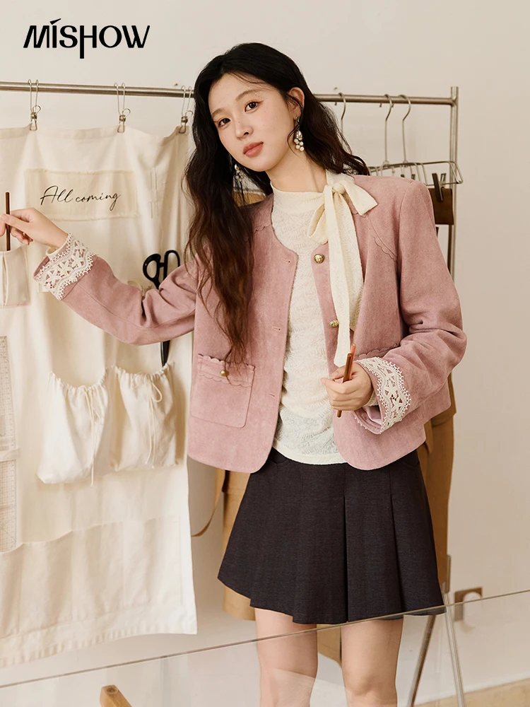 MISHOW Fragrant Suede Jacket for Women Autumn 2025 Cuffs Hollowed Out Lace Short Coats O-neck Metal Button Jackets MXE46W0839