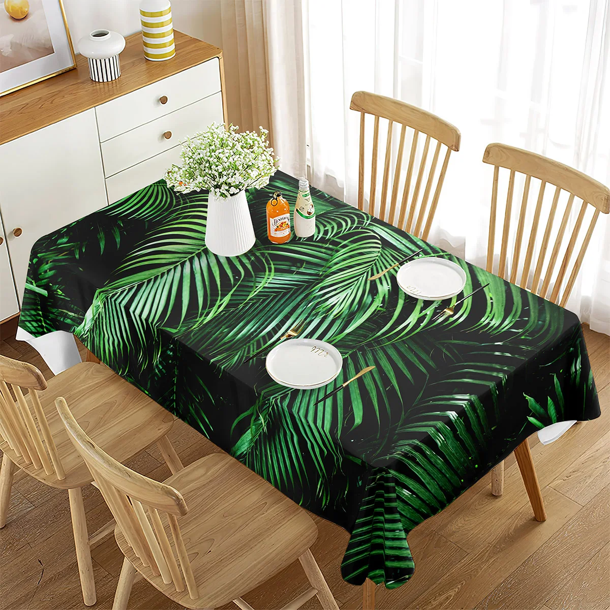 Tropical Palm Leaf Rectangle Tablecloth Holiday Party Decoration Waterproof Fabric Tablecloth Kitchen Dining Table Wedding Decor
