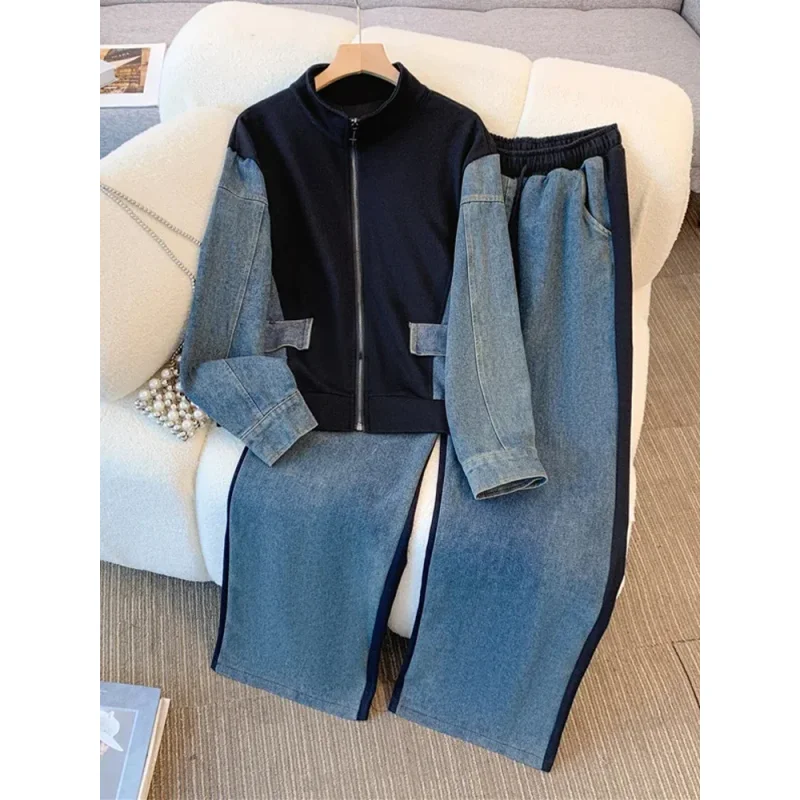 

Denim Pants Sets Stand Collar Patchwork High Street Coats Tops Wide Leg Straight Gothic Jeans Vintage Simple Two-piece Set Women