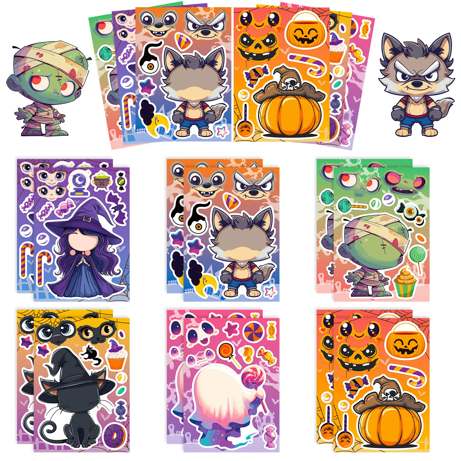 6Sheets Halloween DIY Puzzle Sticker Games 6 Witch Pumpkin Ghost Mummy Vampire Make A Face Funny Assemble Jigsaw Stickers Kids E