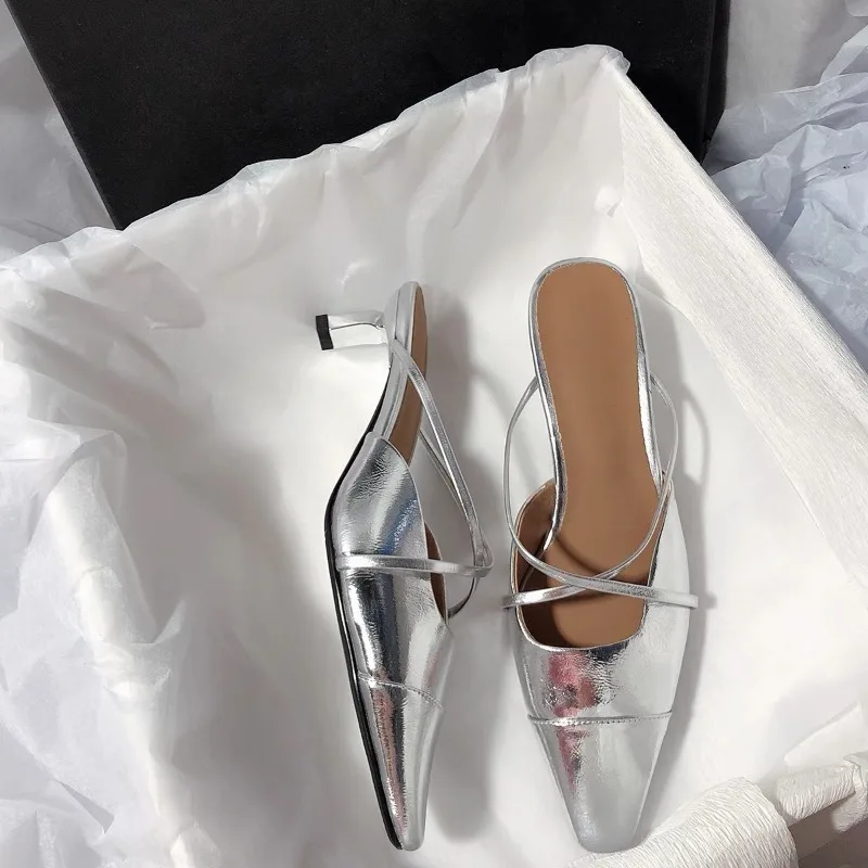 جديد إمرأة Slingback أحذية أنيقة ميد كعب ساحة تو السيدات عالية الكعب النعال موضة الانزلاق على صندل البغال Zapatos De Mujer #2