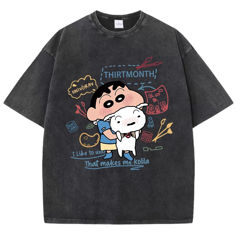 Crayon Shin-Chan Holding Onto Xiaobai Girl Tshirt Summer American Retro Cotton T Shirt Design Soft T Shirts Short Sleeved