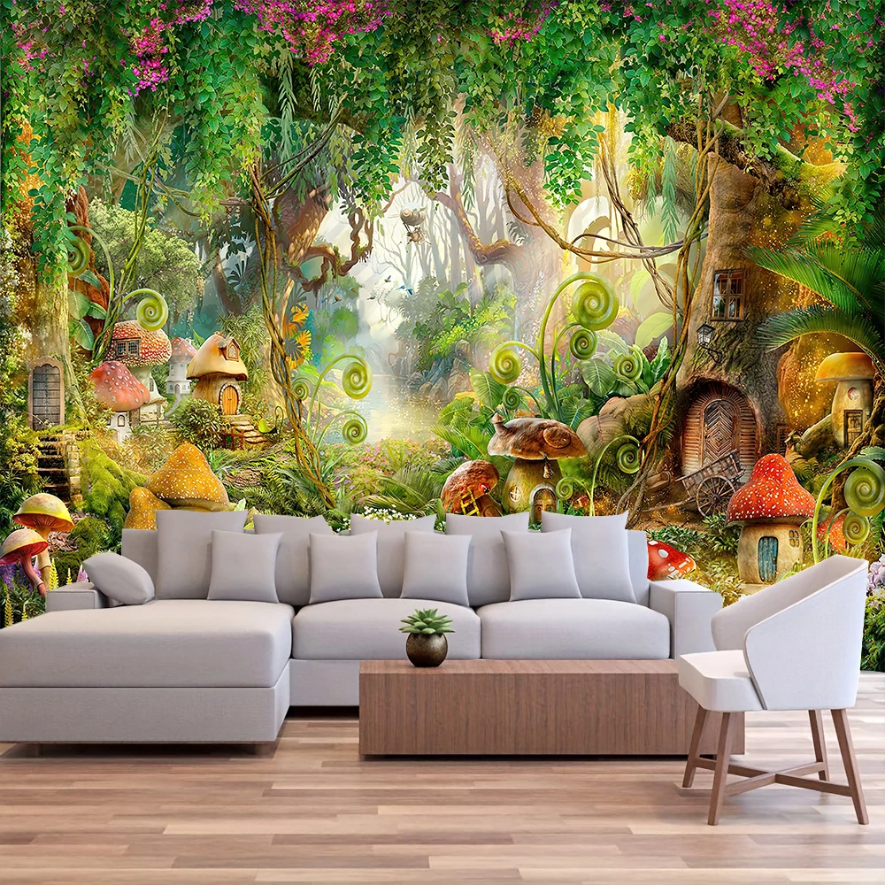 Fairy Tale Forest Tapestry Wall Hanging Fantasy Magic Garden Mushroom Aesthetic Kid Girl Bedroom Living Room Dorm Party Decor